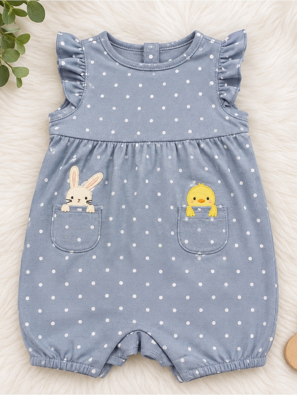 Blue Polka Dot Baby Romper with Bunny & Chick Pockets